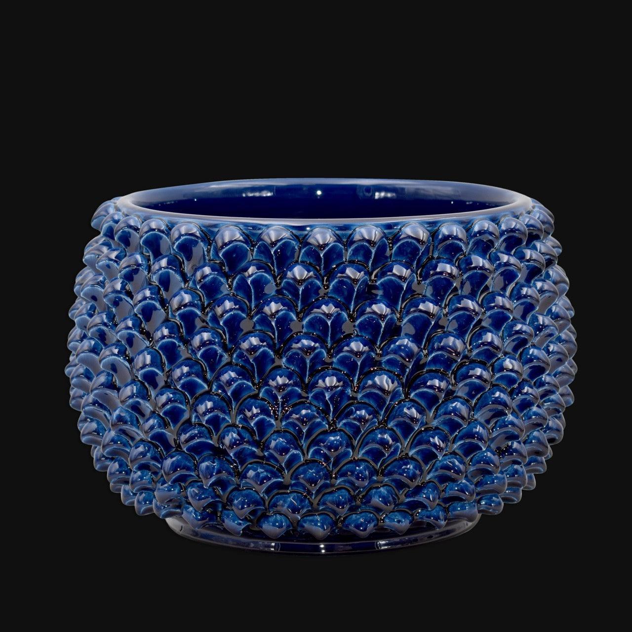 Vaso mezza pigna s/piede blu intenso in ceramica di Caltagirone